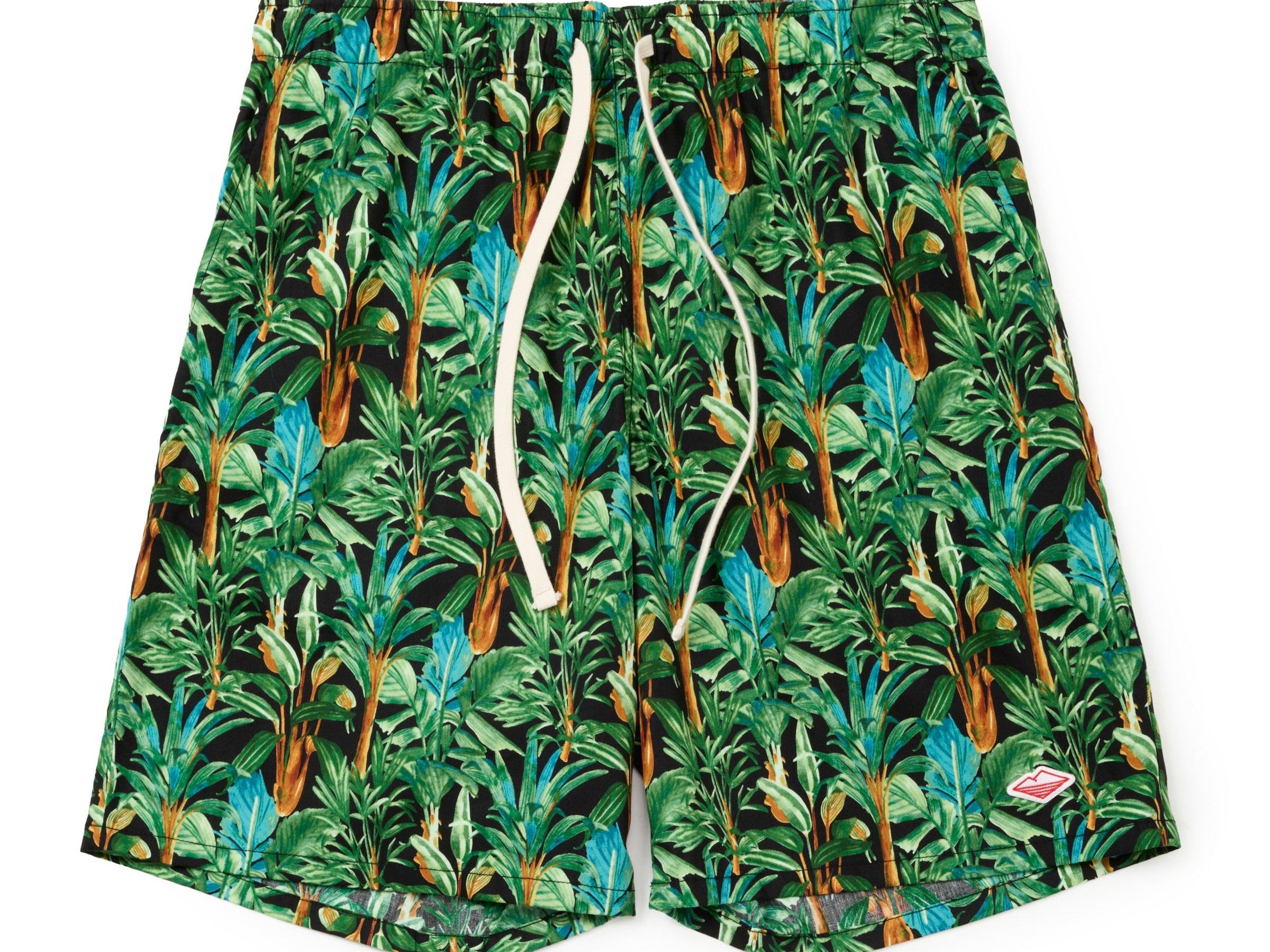 Battenwear Active Lazy Shorts in black botanica printed cotton with relaxed fit and elastic waist