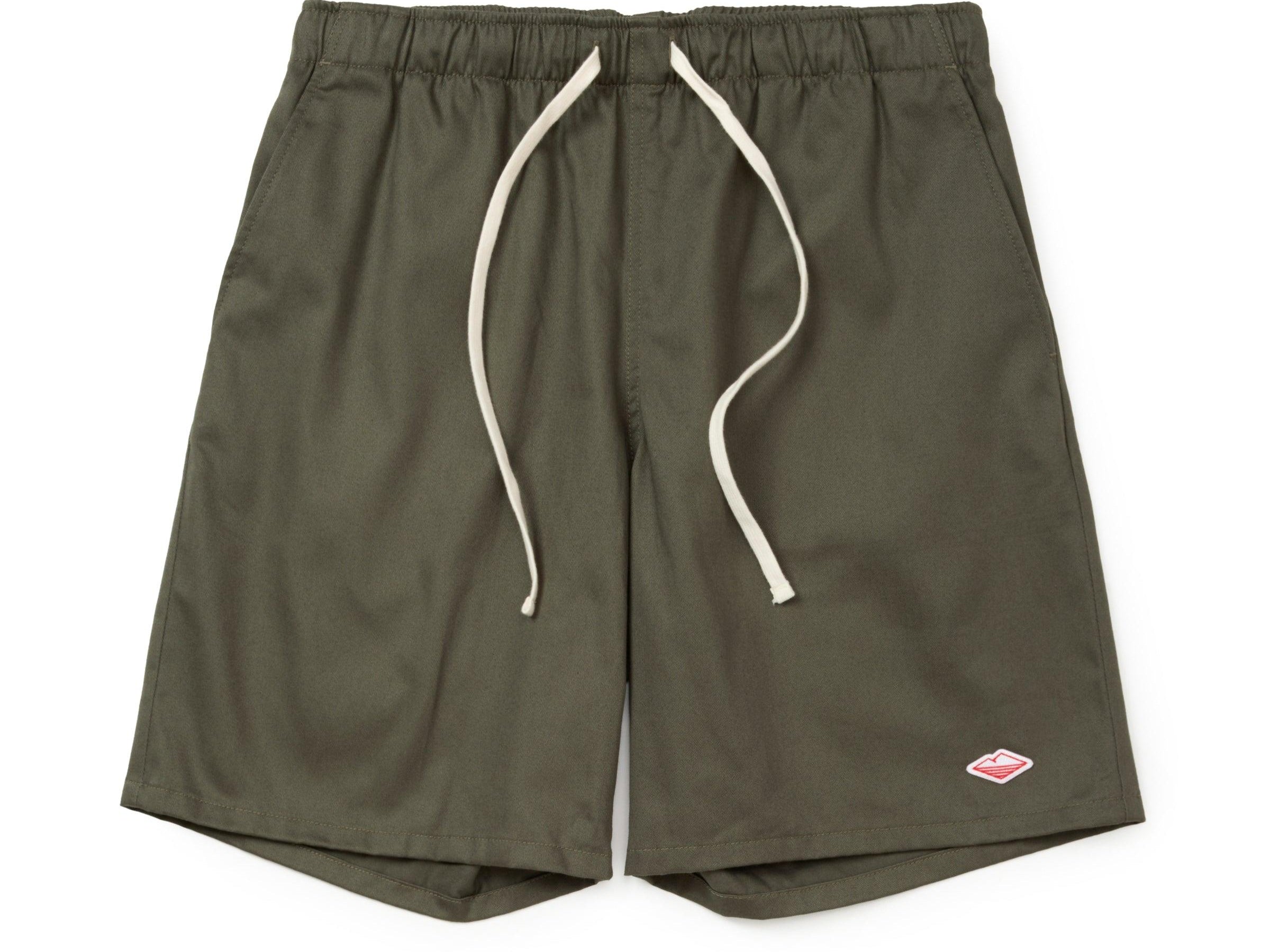 Battenwear Active Lazy Shorts in army green cotton chino with relaxed fit and elastic waist