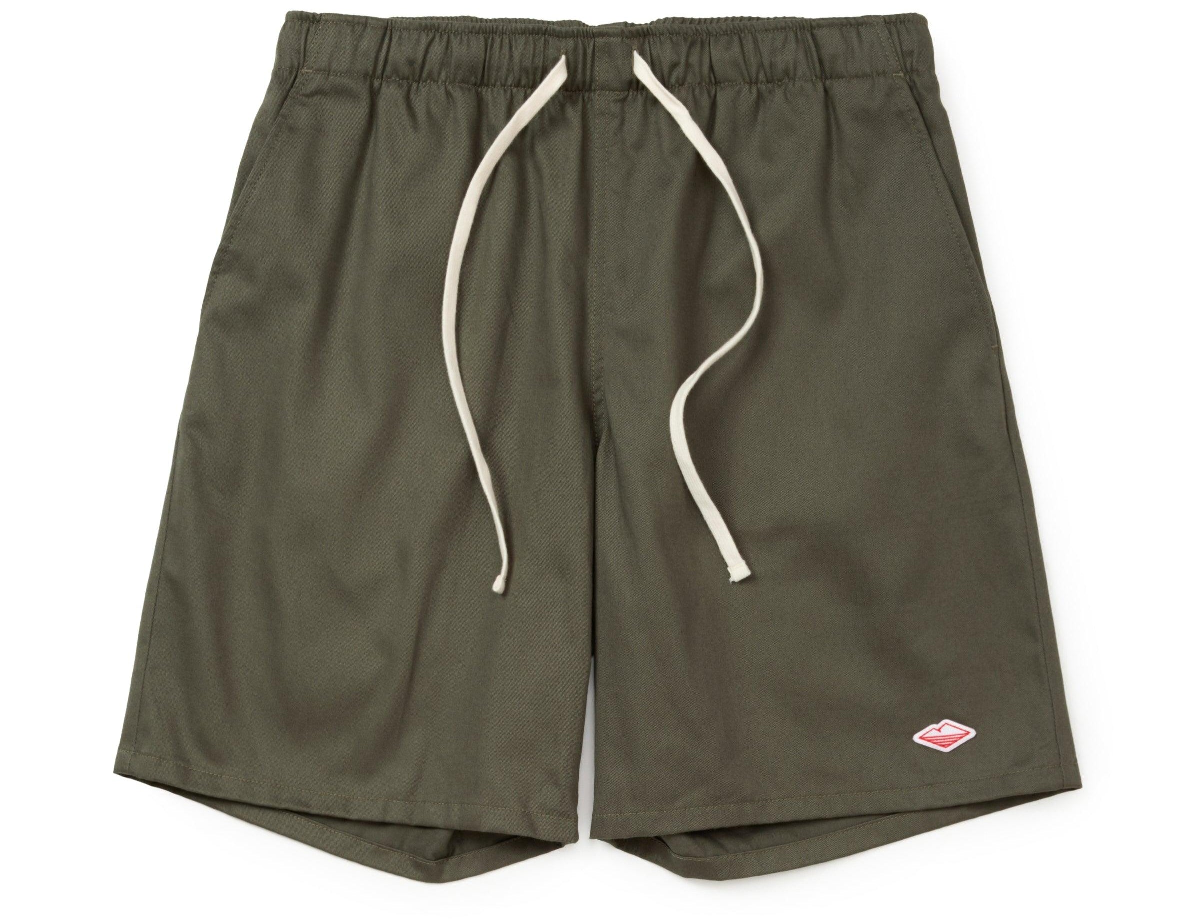 Battenwear Active Lazy Shorts in army green cotton chino with relaxed fit and elastic waist