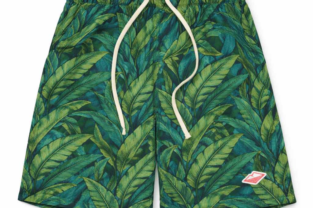 Battenwear Active Lazy Shorts in black banana leaf printed cotton with relaxed fit and elastic waist