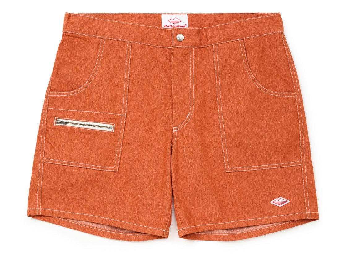 Battenwear Local Shorts in orange 12-oz cotton denim with relaxed fit and patch pockets