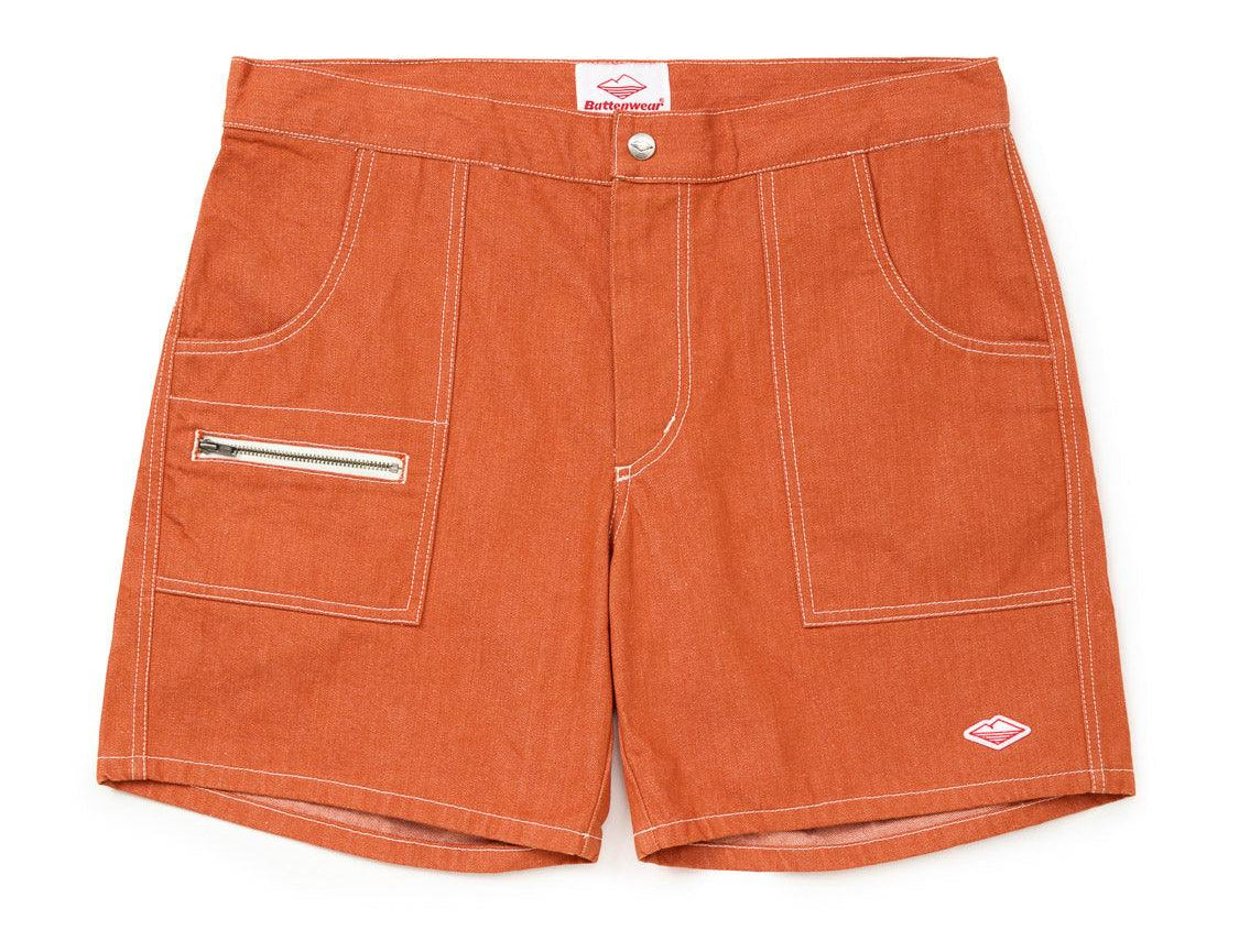 Battenwear Local Shorts in orange 12-oz cotton denim with relaxed fit and patch pockets